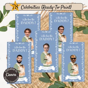 May include: Set of four blue cards with white floral borders. Each card has a celebrity's face with a baby in their arms. The text on each card reads "Who has the DADDY?" and "Find Larry".