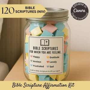 Kit de pote com escrituras bíblicas faça você mesmo, versículos bíblicos para imprimir, pote com afirmações diárias, lembretes diários editáveis, versículos bíblicos "Leia-me quando estiver emocionado"
