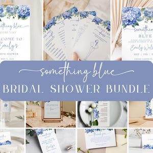 Pacote de chá de panela Something Blue Before I Do, modelo de convite para chá de panela Blue Hydrangea, jogos e placas para noivas para impressão digital