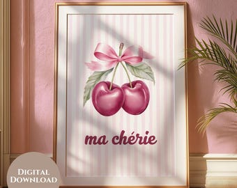 Trendy Ma Cherie Digital Art, Cherries Art Digital Print, Cherry Aesthetic Decor, Bow Trendy Print, Digital Download, Girly Dorm Wall Decor