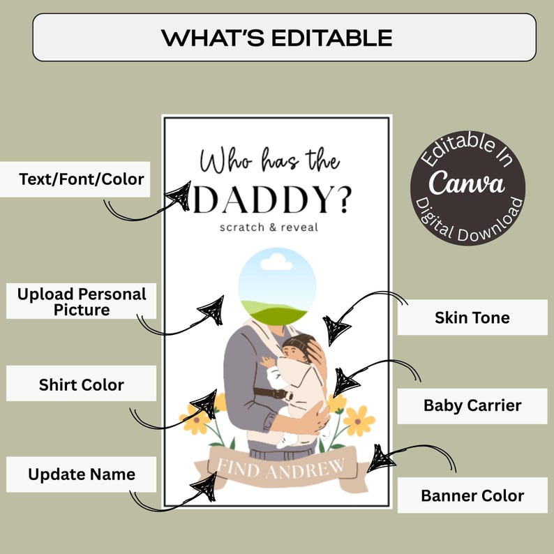 May include: Editable digital printable card with a cartoon illustration of a person holding a baby in a baby carrier. The text on the card reads "Who has the DADDY? scratch & reveal" and "FIND ANDREW".