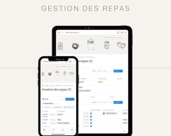 May include: A screenshot of a mobile app interface for managing meals. The app has a list of ingredients, a table for meal planning, and a section for managing recipes. The app is open on a phone and a tablet.