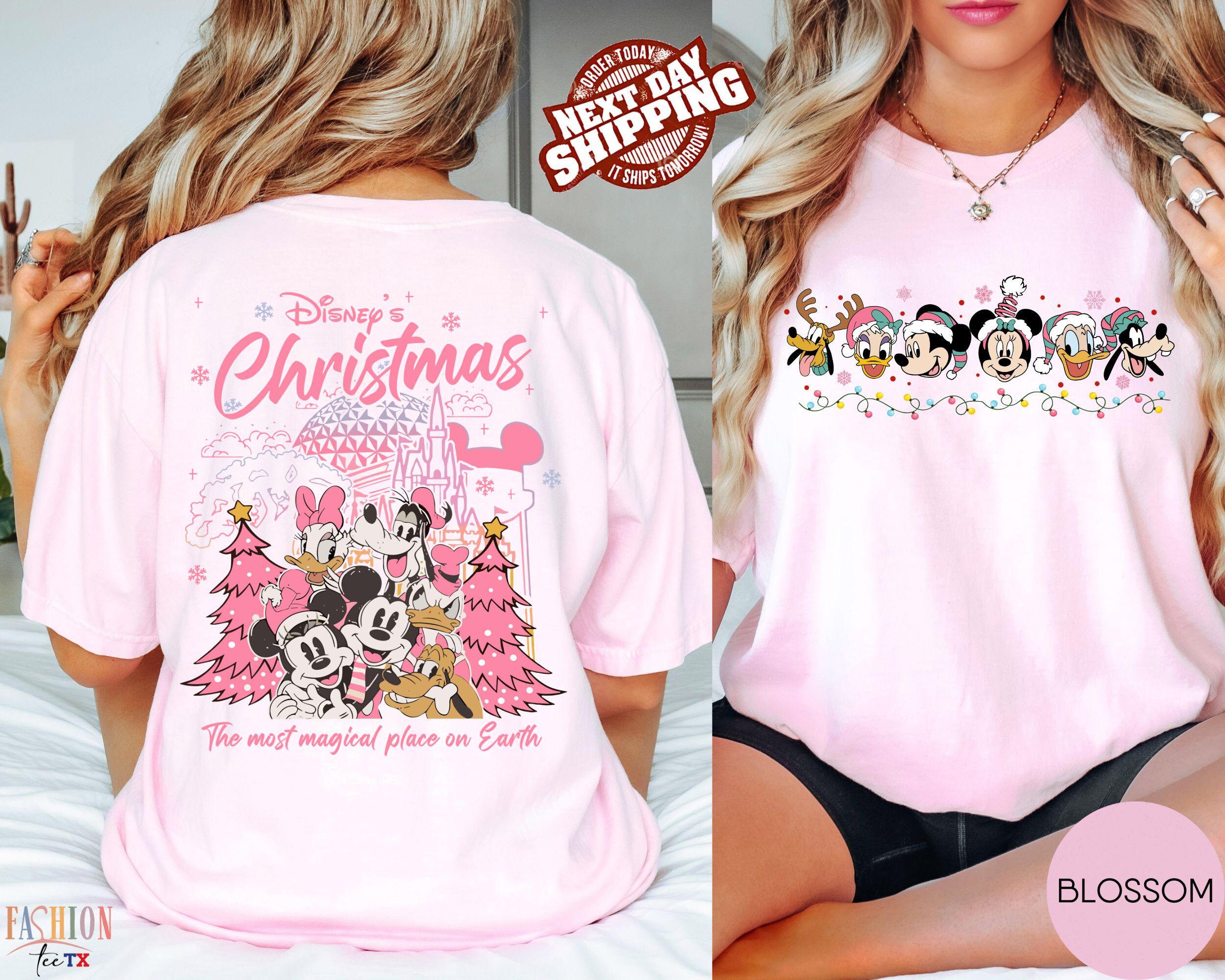 Comfort Colors® Retro 2-Sided Disney Christmas Pink Lights Shirt, Cute Mickey And Friends Xmas Tshirt, Disney Mickey's Very Merry Christmas