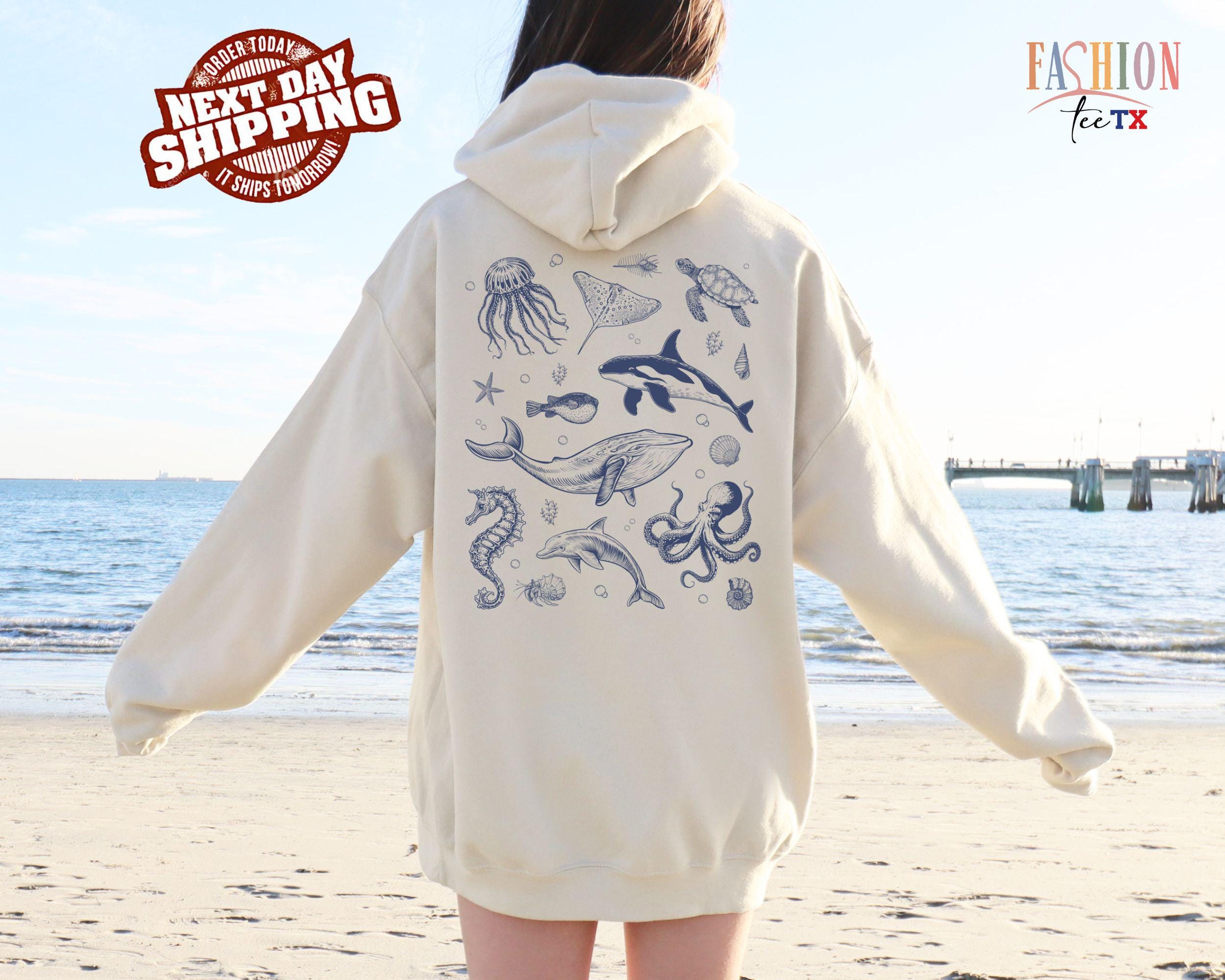 Underwater Sea Animal Words on Back Hoodie or Sweatshirt , Ocean Life Sweatshirt, Beach Hoodie, Save The Shark, Oversize Shirt, Animal Lover