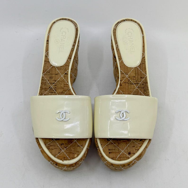 CHANEL Cream Patent Leather Cork Mule Wedge image 5