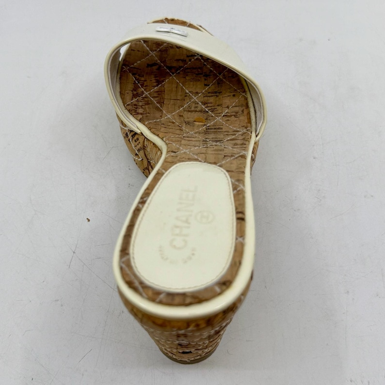 CHANEL Cream Patent Leather Cork Mule Wedge image 8