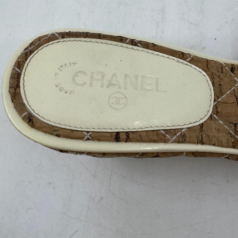 CHANEL Cream Patent Leather Cork Mule Wedge image 9