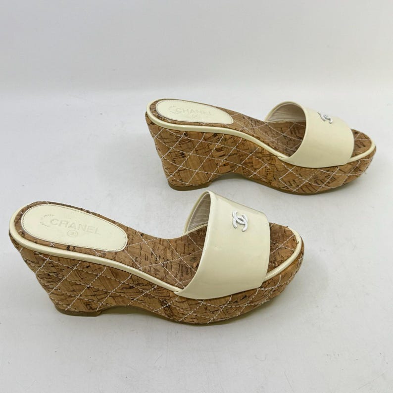 CHANEL Cream Patent Leather Cork Mule Wedge image 2