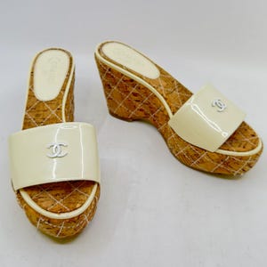 CHANEL Cream Patent Leather Cork Mule Wedge image 1