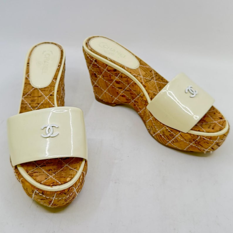 CHANEL Cream Patent Leather Cork Mule Wedge image 1