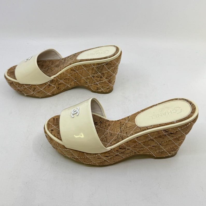 CHANEL Cream Patent Leather Cork Mule Wedge image 4