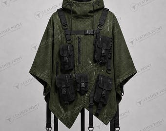 Zielony ponczo Techwear dla mężczyzn, peleryna gotycka z kieszeniami użytkowymi, postapokaliptyczna odzież wierzchnia w stylu cyberpunk, unisexowa moda cosplay