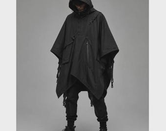 Ponczo z kapturem Techwear, peleryna taktyczna Cyberpunk, miejska peleryna Ninja Streetwear, odzież wierzchnia z płótna bawełnianego, japońska moda Techwear