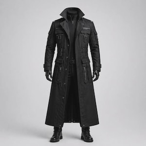 May include: A long, black coat with multiple pockets, zippers, and a belt. The coat has a high collar and a double-breasted design. The sleeves have straps at the cuffs. The coat is worn with black gloves and boots. The overall style is a modern, edgy look.