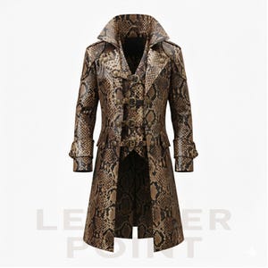 May include: A long, brown and tan snakeskin-patterned coat with a notched collar, multiple buttons, and decorative buckles. The coat has a tailored fit and a split back, suggesting a steampunk or gothic aesthetic.