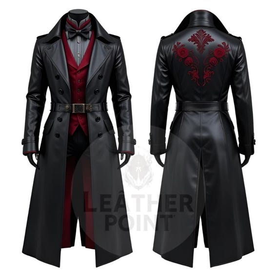 Gothic Embroidered Leather Trench Coat | Victorian Vampire