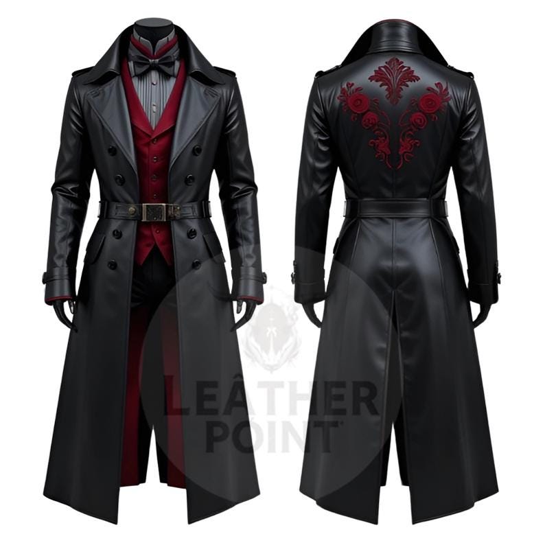 Black Gothic Leather Trench Coat | Real Cowhide Vampire Overcoat | Victorian Long Leather Jacket | Steampunk Cosplay Coat Men