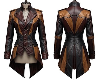 Women's Steampunk Real Leather Coat | Gothic Victorian Tailcoat Jacket | Cosplay Costume | Festival Steampunk Jacket for Women