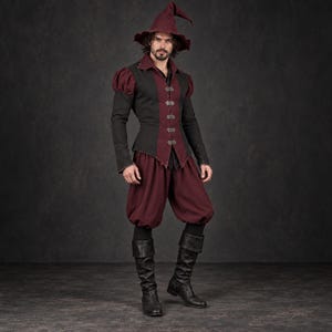 Medeltida trollkarldräkt, renässans- och trollkarldräkt, bard-cosplaydräkt, gotisk magiker-vampyrdräkt, pirat-jerkinbyxkombination