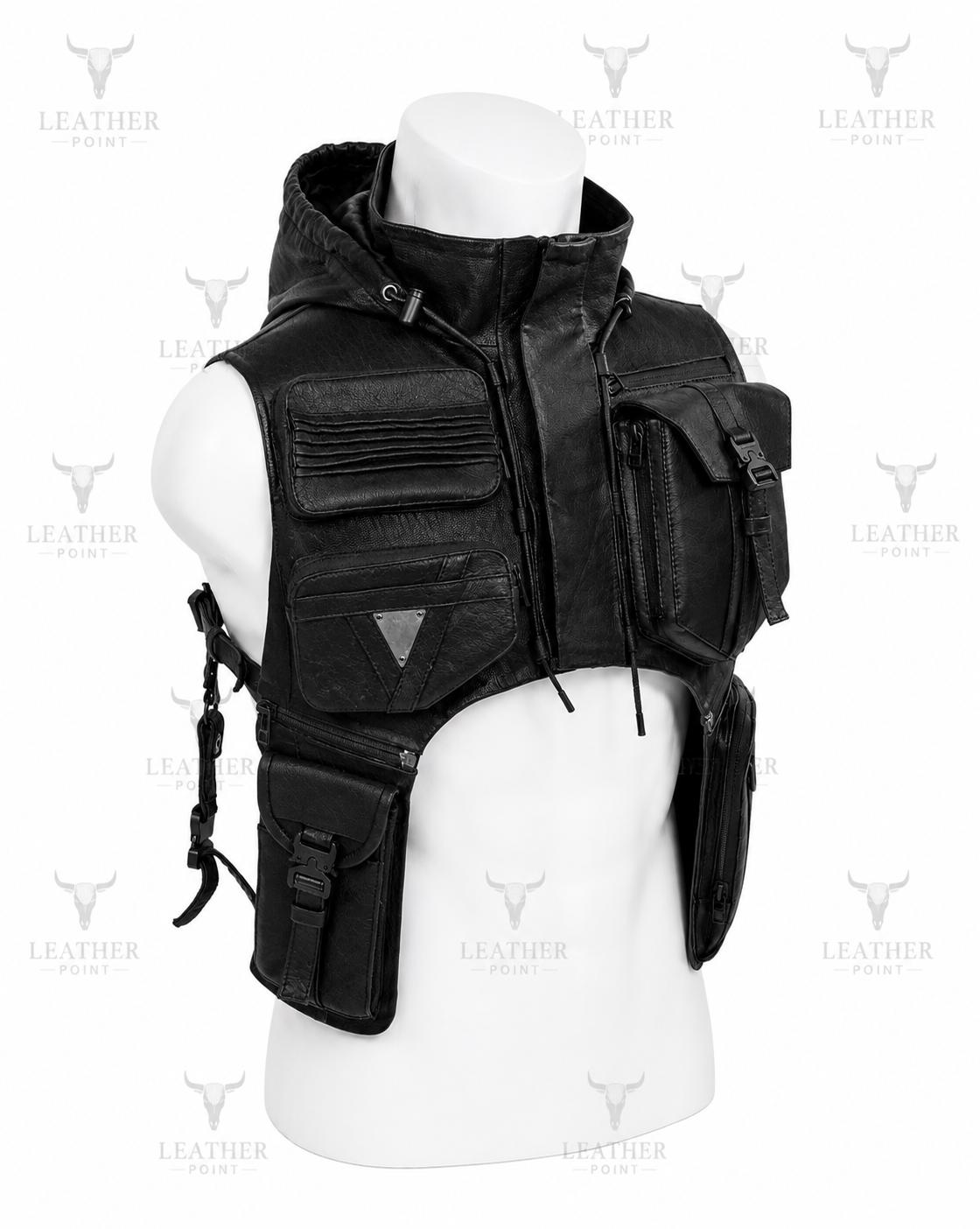 Tech01 Leather Hood Shoulder Holster Vest for Men, Cyberpunk Techwear Vest, Tactical Leather Utility Vest, Post Apocalyptic Streetwear