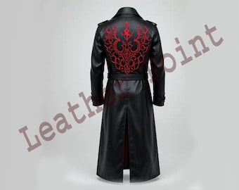 Men's Gothic Leather Trench Coat | Red Embroidery, Steampunk Vampire Overcoat