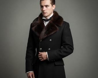 Handmade Gothic Black Wool Coat with Fur Collar | Men's Victorian Style Long Coat | Vampire Jacket | Goth Winter Outerwear
