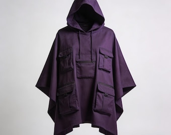 Poncho/capa utilitaria gótico morado, capa táctica renacentista con bolsillos, chaqueta con capucha steampunk de estilo técnico, disfraz cyberpunk.