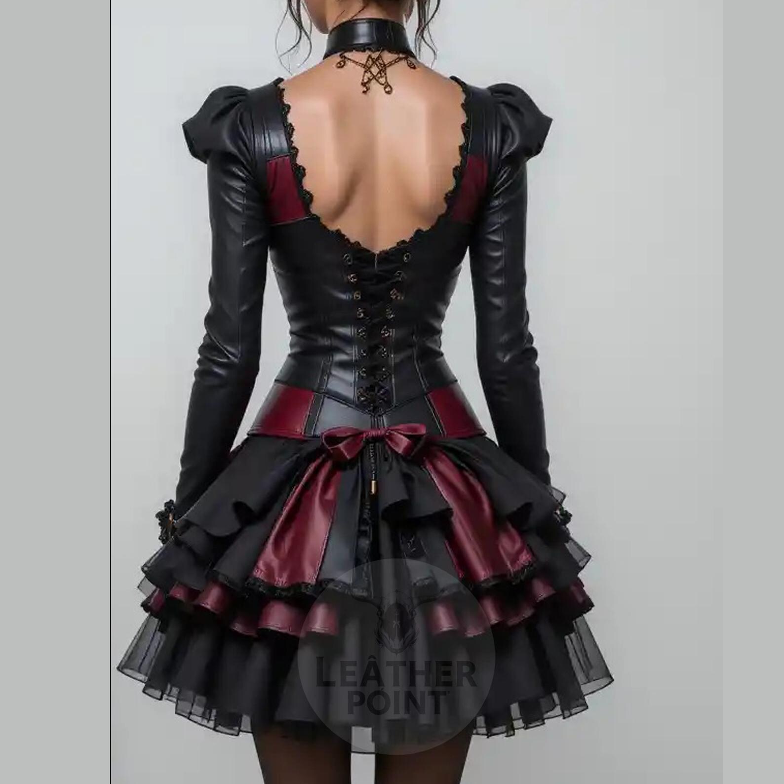 Gothic Leather Corset Dress With Sleeves Red Black Steampunk Skirt 