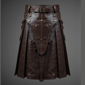 May include: A brown leather kilt with a belt and buckle closure. The kilt features decorative metal studs and panels, with pleated sections and a front apron design. The garment is made of a dark brown leather material.