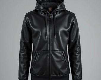 Men’s Gothic Cowhide Leather Biker Hoodie – Skull Artwork