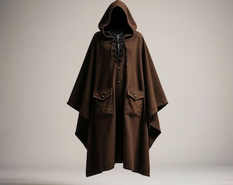Gothic Brown Hooded Poncho Cloak, Utility Pockets, Renaissance Steampunk Cape