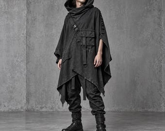 Postapokalyptischer schwarzer Gothic-Poncho, Festival-Outfit, schwarzer Techwear-Poncho-Umhang | Cyberpunk-Kapuzencape, Used-Look-Streetwear