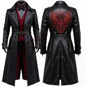 May include: A black leather trench coat with a double-breasted front, a belt, and a red embroidered design on the back. The coat features a red vest and a bow tie. The coat's length is approximately 55 inches.