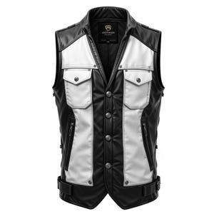 Premium Men’s Leather Biker Vest – Black & White Motorcycle Club Vest | Classic Rider’s Leather Waistcoat | Handmade Genuine Leather Vest