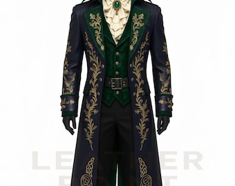 Victorian Gothic Leather Coat | Green & Gold Embroidered Steampunk Trench