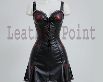 Gothic Black Leather Corset Dress – Red Rose Embroidery, Lace Mini Dress