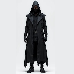 Men's Gothic Cyberpunk Hooded Duster Coat – Black Cotton