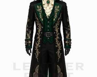 Victorian Gothic Vampire Cotton Tailcoat | Green & Gold Embroidered Steampunk Coat