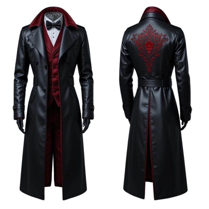 Crimson Nocturne Men's Gothic Trench Coat | Black Leather Vampire