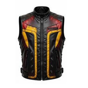Op de afbeelding: Een zwart leren vest met gele en rode accenten. Het vest heeft een ritssluiting en een "Motorcycle Club" patch op de voorkant.