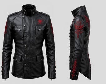 メンズ ブラックレザー ドラゴン刺繍 バイカージャケット - レッド刺繍