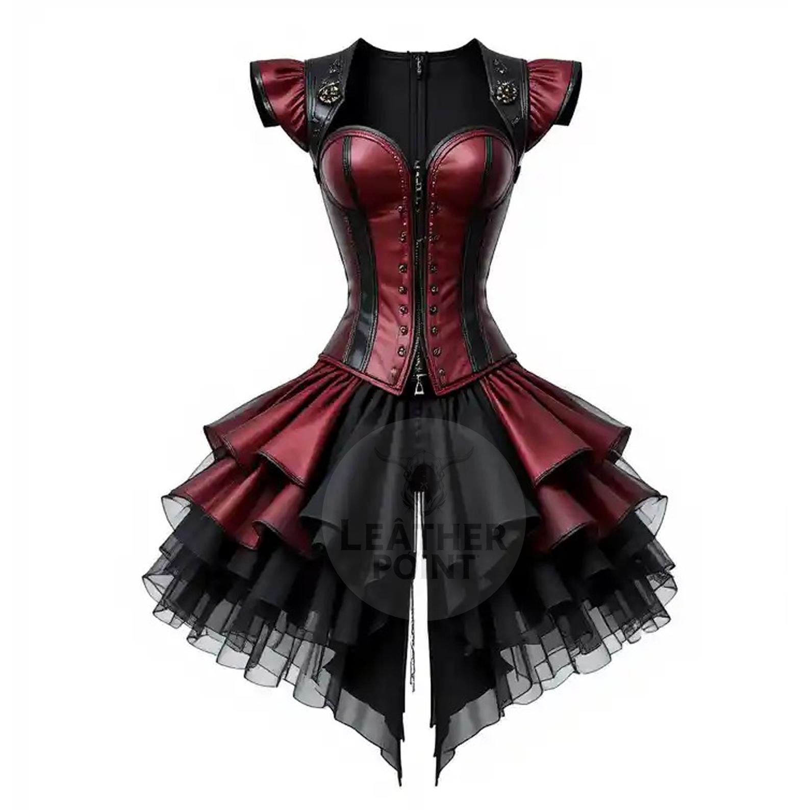 Gothic Steampunk Leather Corset Dress – Black & Burgundy Ruffled Skirt, Zipper Front, Lace-Up Back, Victorian Burlesque Style