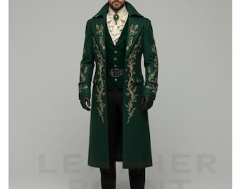 Handmade Gothic Victorian Wool Trench Coat | Men's Steampunk Long Coat | Green and Gold Embroidered Tailcoat | Winter Cosplay Outfit