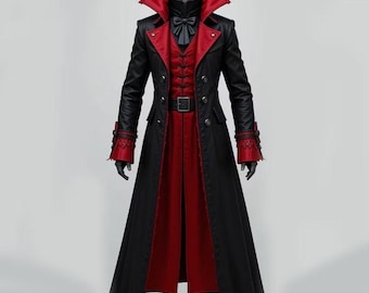 Gothic Leather Trench Coat, Black & Red Vampire Coat, Victorian Steampunk