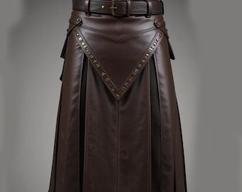 Kilt masculino artesanal em couro marrom | Saia utilitária de guerreiro