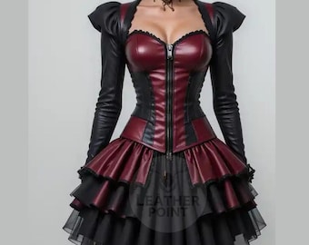 Gothic Leather Corset Dress with Sleeves, Red Black Steampunk Skirt, Burlesque Halloween Cosplay Costume for Women