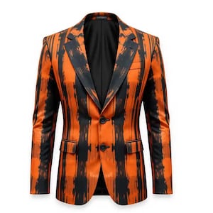 Blazer con estampado abstracto naranja y negro, chaqueta de esmoquin de Halloween, traje de fiesta llamativo, blazer ajustado y atrevido para hombre