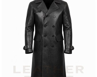May include: A black leather trench coat with a double-breasted design. The coat features a notched collar, two front pockets, and adjustable cuffs. The coat is approximately 50 inches long.