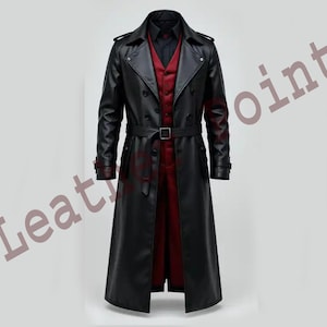 Men’s Gothic Leather Trench Coat | Steampunk Vampire Overcoat with Red Embroidery | Devil Sign Illuminati Cosplay Jacket Halloween Gift