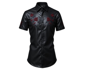 black dress shirt with red roses Black Dress Shirt With Roses Men's LS Floral Shirt English Rose In Black By Rock Roll